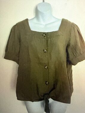 Talbots Olive Green Button-Up Tie Waist Women’s Top Sz Med NWT
